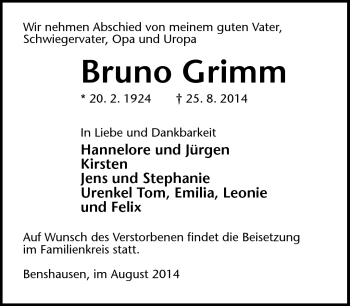 Traueranzeige von Bruno Grimm von Südthüringer Presse