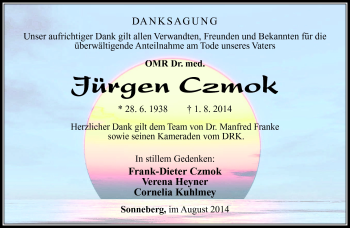 Traueranzeige von Jürgen Czmok von Südthüringer Presse
