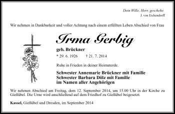 Traueranzeige von Irma Gerbig von Südthüringer Presse