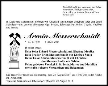 Traueranzeige von Armin Messerschmidt von Südthüringer Presse