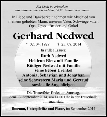 Traueranzeige von Gerhard Nedwed von Südthüringer Presse