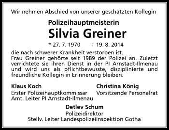 Traueranzeige von Silvia Greiner von Südthüringer Presse