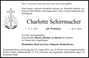 Traueranzeige von Cahrlotte Schirrmacher von Neue Presse Coburg