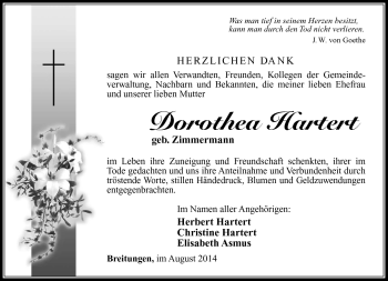 Traueranzeige von Dorothea Hartert von Südthüringer Presse