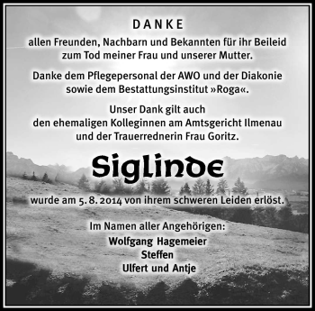 Traueranzeige von Siglinde Hagemeier von Südthüringer Presse