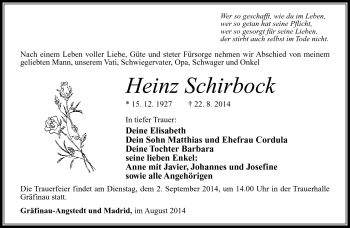 Traueranzeige von Heinz Schirbock von Südthüringer Presse
