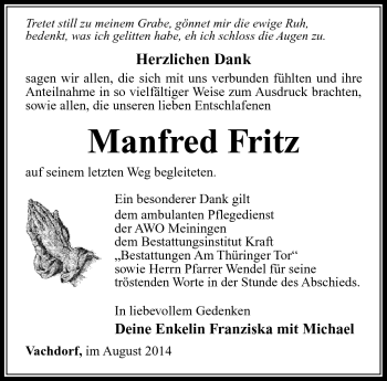 Traueranzeige von Manfred Fritz von Südthüringer Presse