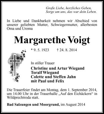 Traueranzeige von Margarethe Voigt von Südthüringer Presse