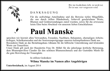 Traueranzeige von Paul Manske von Südthüringer Presse