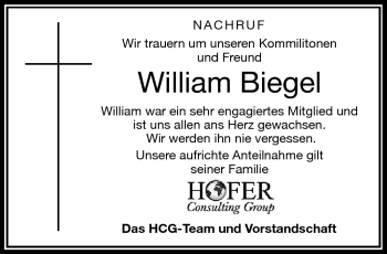 Traueranzeige von William Biegel von Frankenpost