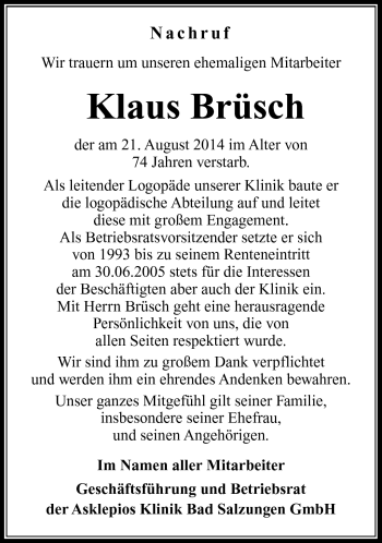 Traueranzeige von Klaus Brüsch von Südthüringer Presse