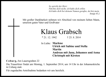 Traueranzeige von Klaus Grabsch von Neue Presse Coburg