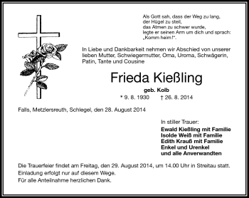 Traueranzeige von Frieda Kießling von Frankenpost