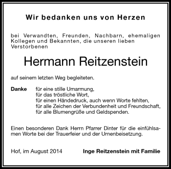 Traueranzeige von Hermann Reitzenstein von Frankenpost
