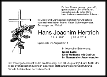 Traueranzeige von Joachim Hertrich von Frankenpost