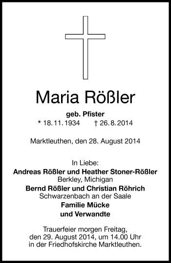 Traueranzeige von Maria Rößler von Frankenpost