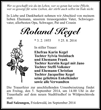Traueranzeige von Roland Kegel von Südthüringer Presse