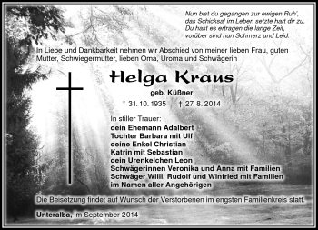 Traueranzeige von Helga Kraus von Südthüringer Presse