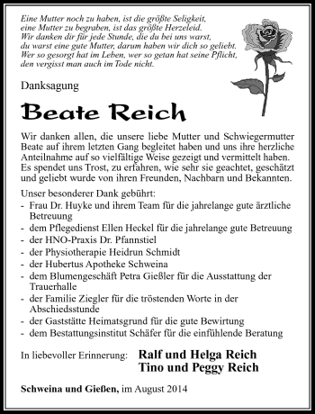 Traueranzeige von Beate Reich von Südthüringer Presse