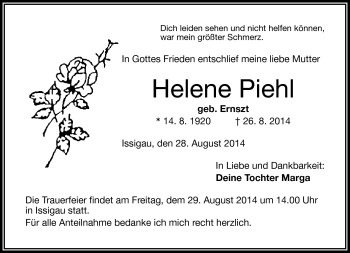 Traueranzeige von Helene Piehl von Frankenpost