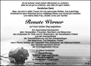 Traueranzeige von Renate Werner von Südthüringer Presse