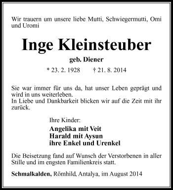 Traueranzeige von Inge Kleinsteuber von Südthüringer Presse