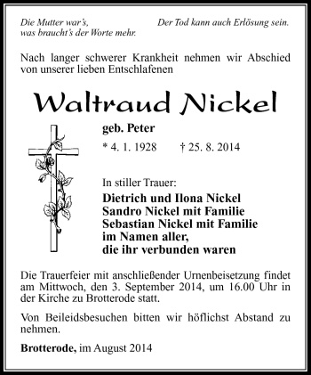 Traueranzeige von Waltraud Nickel von Südthüringer Presse