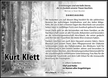 Traueranzeige von Kurt Klett von Südthüringer Presse