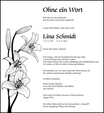 Traueranzeige von Lina Schmidt von Südthüringer Presse