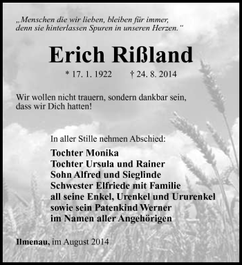 Traueranzeige von Erich Rißland von Südthüringer Presse