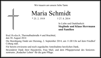 Traueranzeige von Maria Schmidt von Neue Presse Coburg