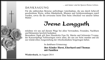 Traueranzeige von Irene Langguth von Südthüringer Presse