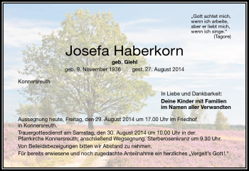 Traueranzeige von Josefa Haberkorn von Frankenpost