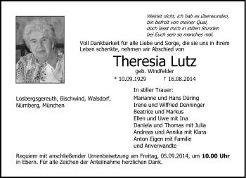 Traueranzeige von Theresia Lutz von Neue Presse Coburg