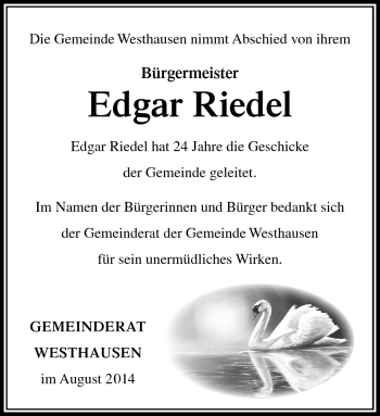 Traueranzeige von Edgar Riedel von Südthüringer Presse