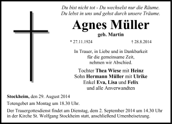 Traueranzeige von Agnes Müller von Neue Presse Coburg