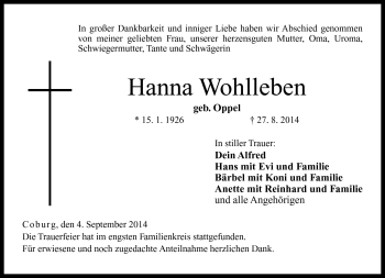 Traueranzeige von Hanna Wohlleben von Neue Presse Coburg