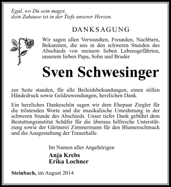 Traueranzeige von Sven Schwesinger von Südthüringer Presse