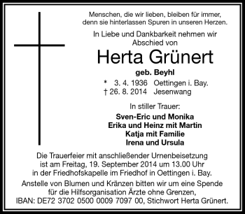Traueranzeige von Herta Grünert von Frankenpost