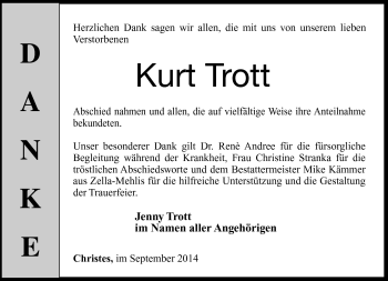 Traueranzeige von Kurt Trott von Südthüringer Presse