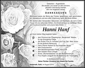 Traueranzeige von Hanni Hanf von Südthüringer Presse