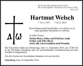 Traueranzeige von Hartmut Welsch von Südthüringer Presse