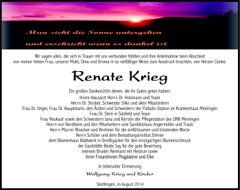 Traueranzeige von Renate Krieg von Südthüringer Presse