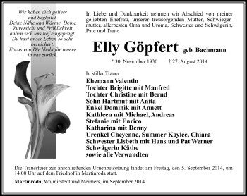 Traueranzeige von Elly Göpfert von Südthüringer Presse