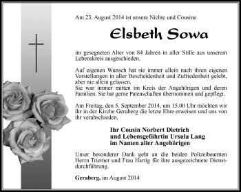 Traueranzeige von Elsbeth Sowa von Südthüringer Presse
