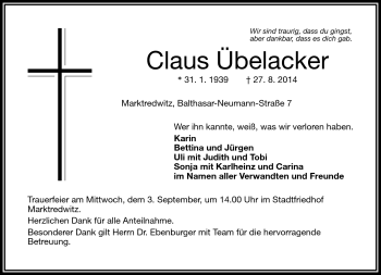 Traueranzeige von Claus Übelacker von Frankenpost