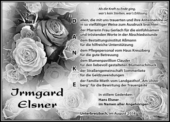 Traueranzeige von Irmgard Elsner von Südthüringer Presse