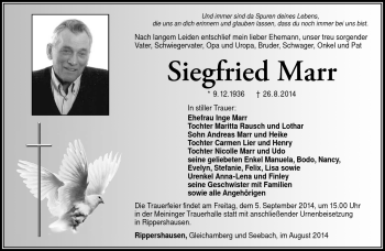 Traueranzeige von Siegfried Marr von Südthüringer Presse