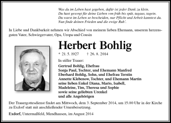 Traueranzeige von Herbert Bohlig von Südthüringer Presse