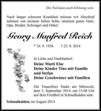 Traueranzeige von Georg Manfred Reich von Südthüringer Presse